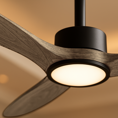 Ceiling fan with wooden blades and a light bulb on a beige background