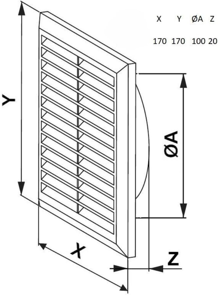 Technical drawing of a rectangular air vent with dimensions labeled