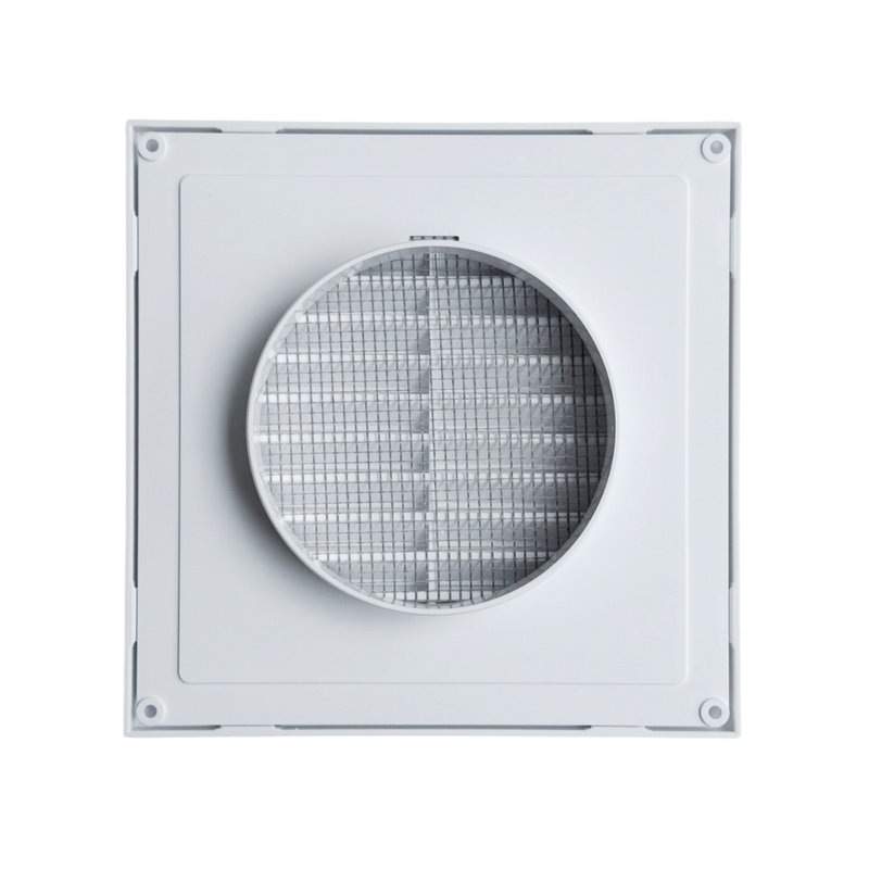 Square air vent with circular grille on a white background
