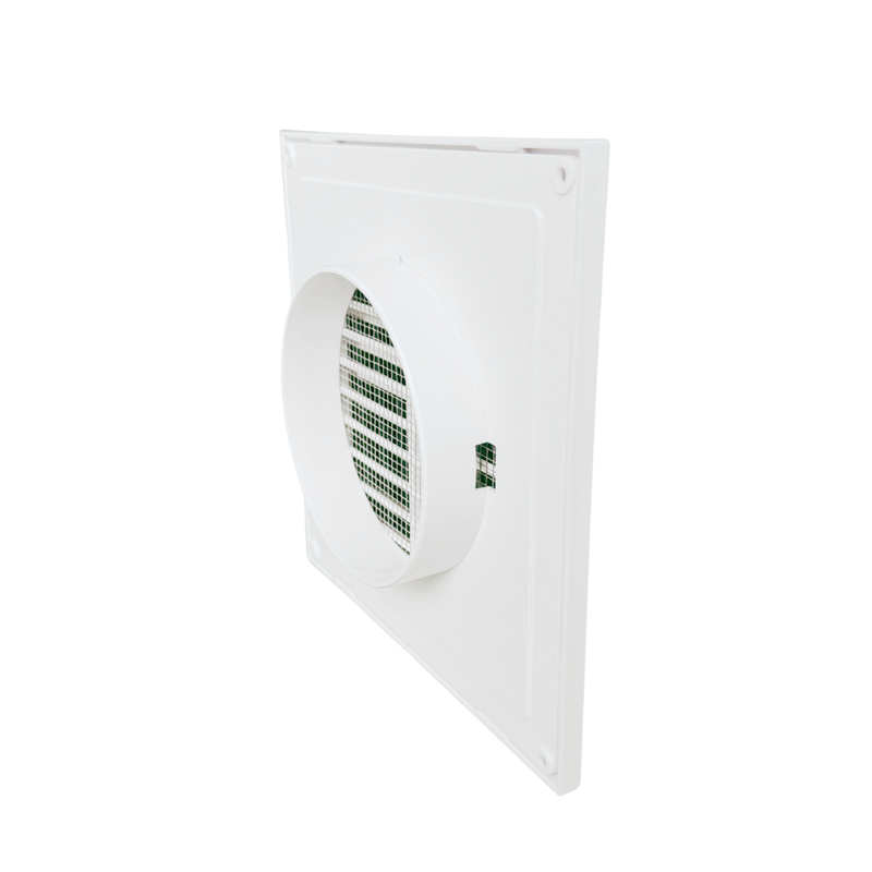White square exhaust fan with a circular vent on a white background